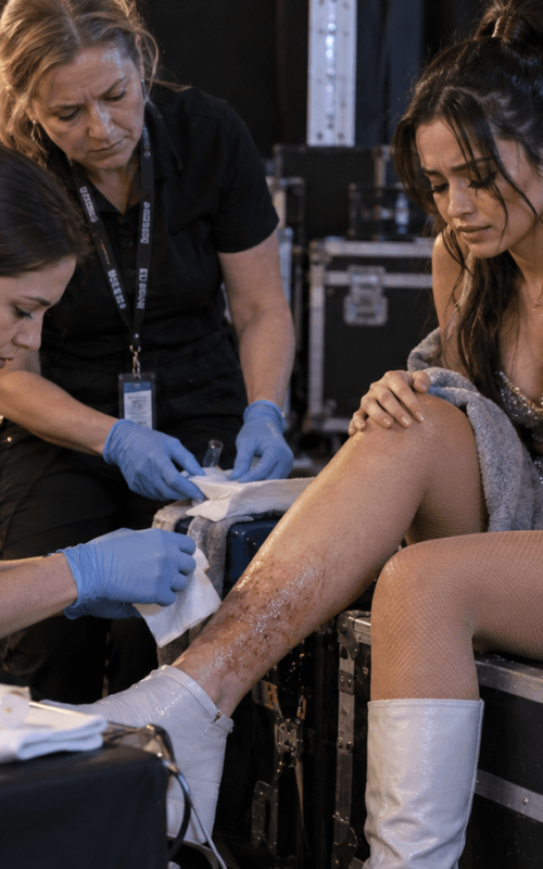 Pop singer recovering backstage after a painful leg scald burn
