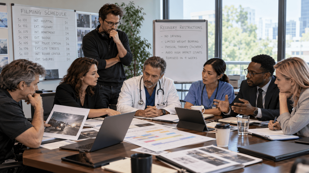 Professionals reviewing recovery plans after an actor suffers car crash injuries