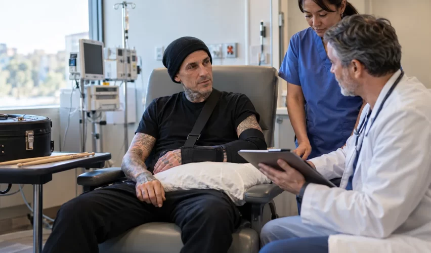 Tattooed drummer receiving medical care after nerve surgery