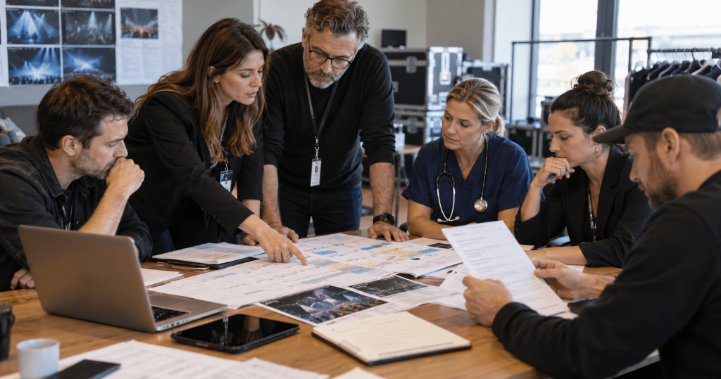 Tour professionals reviewing schedules after a singer suffers a burn injury