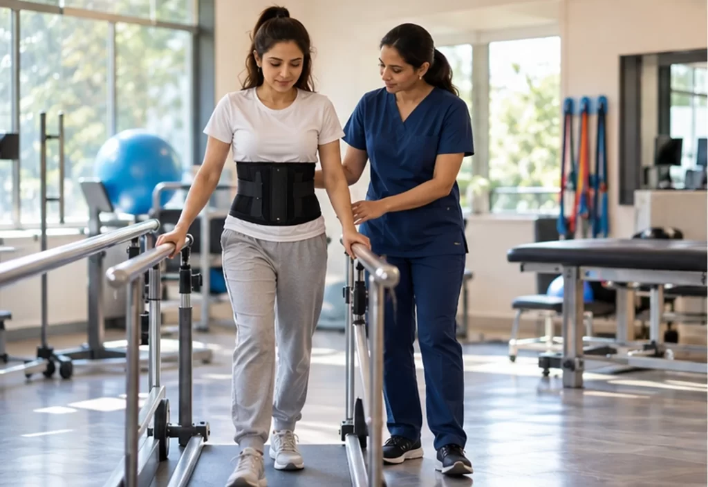 Woman performing supervised rehabilitation after spine surgery